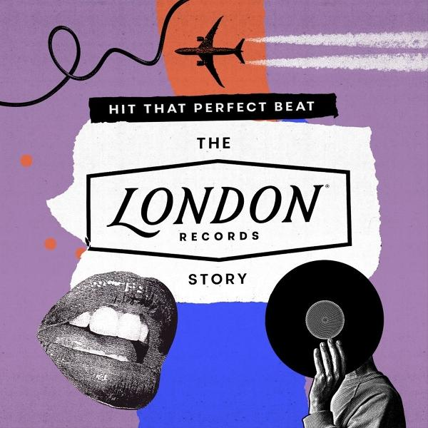 Collage: Flugzeug fliegt, Lippen, Person hält Platte. Text: The London Records Story.