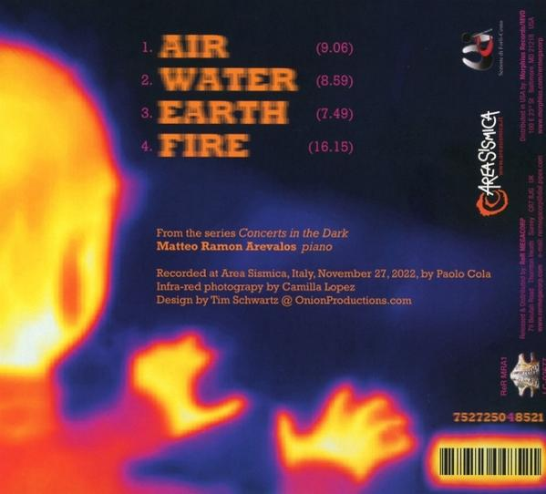 Infra-Rot-Aufnahme mit Titeln: AIR, WATER, EARTH, FIRE. Details zu Aufnahmeort und Datum.