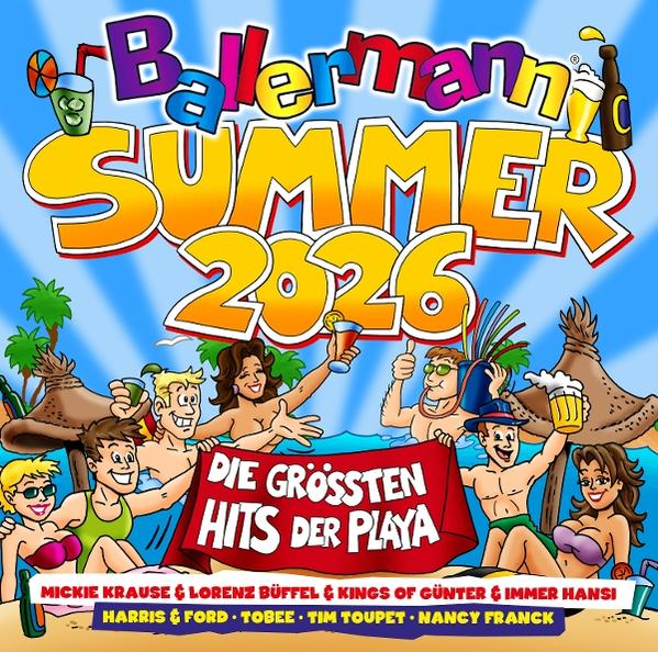 Zeichentrick-Cover für Ballermann Summer 2026 mit feiernden Menschen.