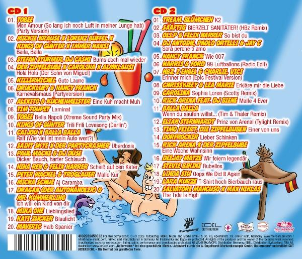 Rückseite einer CD-Hülle mit Songlisten für CD1 und CD2. Bunte Grafiken von trinkenden Menschen.