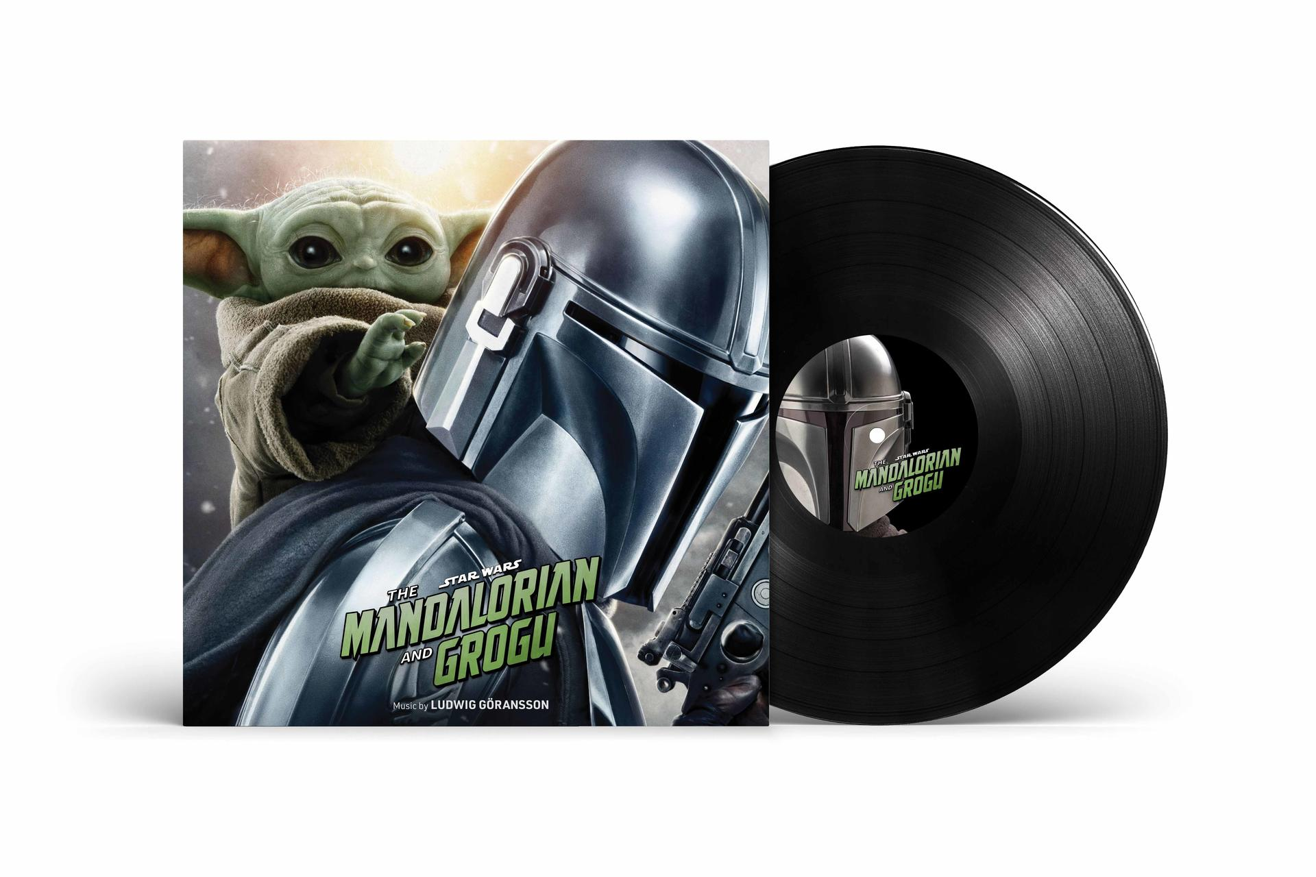 Das Cover von The Mandalorian and Grogu Vinyl mit dem Mandalorianer und Grogu. Eine Vinylscheibe liegt daneben.