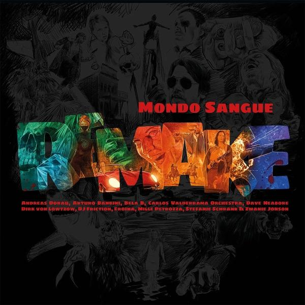 Collage mit Schriftzug MONDO SANGUE, Buchstaben R-A-M-A-K-E, Gesichter und Szenen.