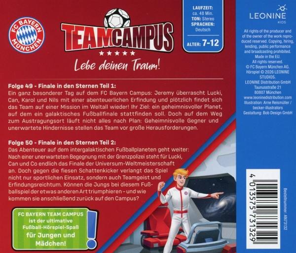 Rückseite eines Hörspielcovers mit Titel "Teamcampus". Ein Junge in einem Raumanzug zeigt auf einen Weltraumwirbel.