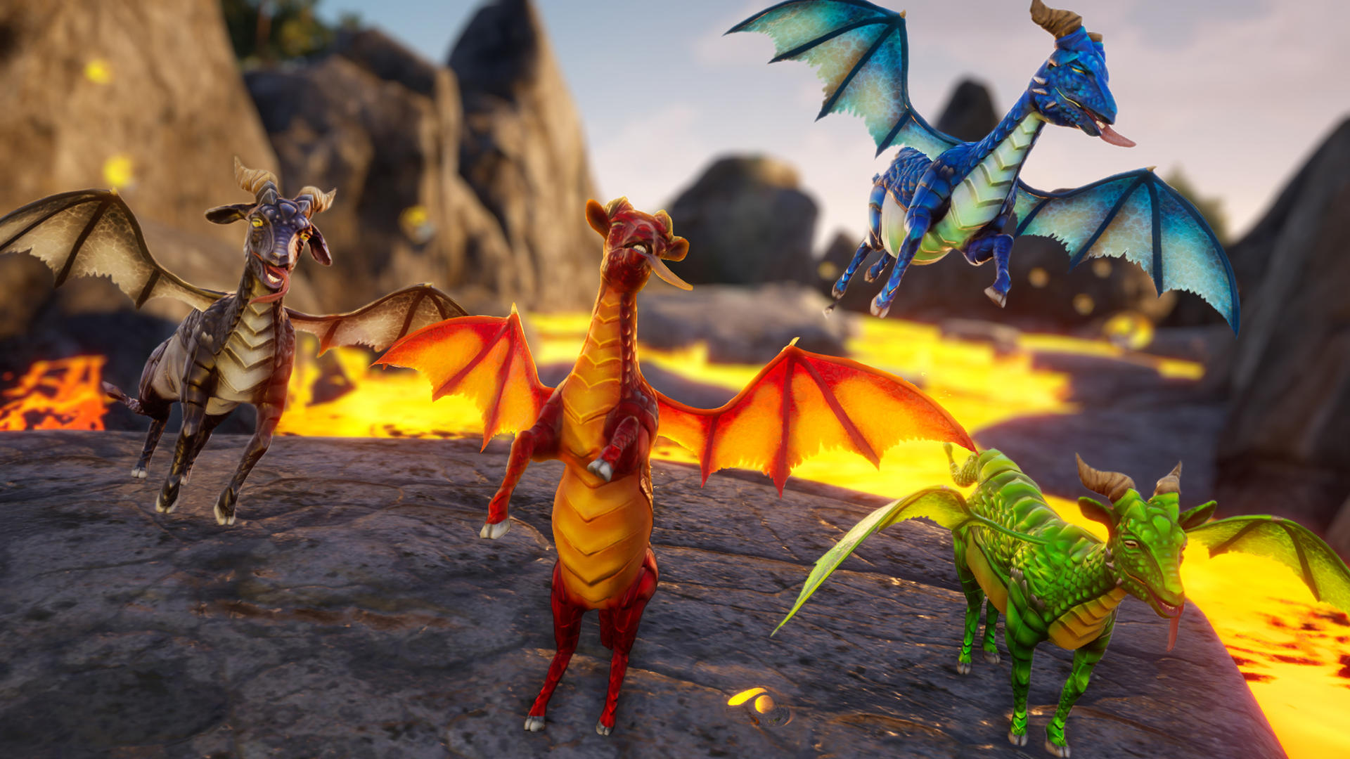 Vier geflügelte Drachen auf felsigem Grund mit Lava im Hintergrund.