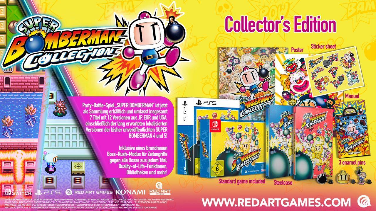 Super Bomberman Collector's Edition mit Spielen, Poster, Stickerbogen und Anleitung.