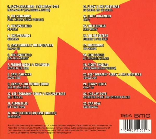 Rückseite eines Albums mit Songtiteln in zwei Spalten auf gelbem und rotem Hintergrund.