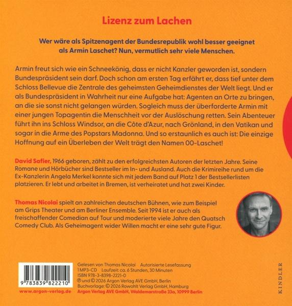 Buchrückseite mit orangefarbenem Hintergrund und Text über den Autor.