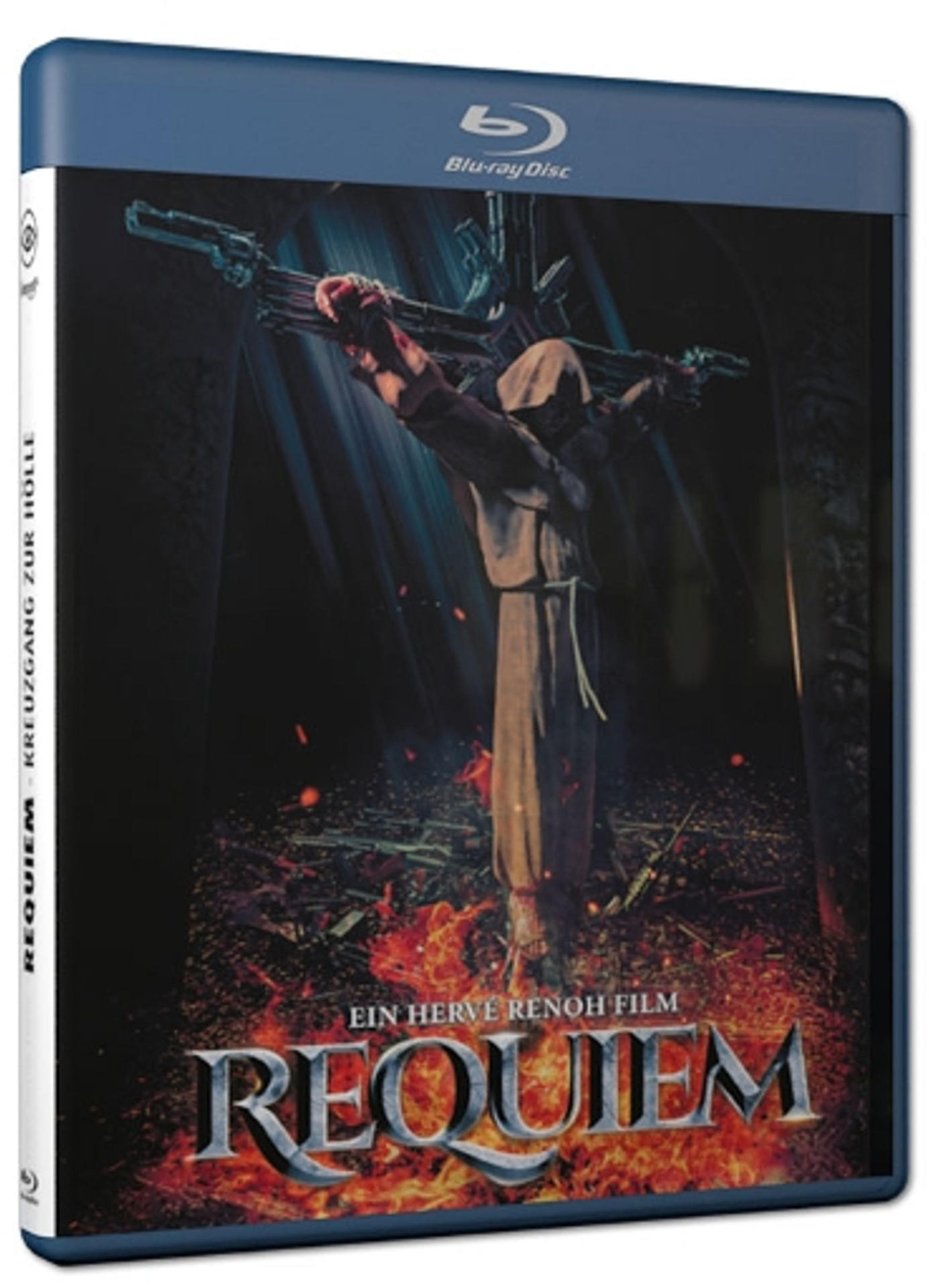 Ein Mönch auf einem Kreuz vor brennenden Flammen, Blu-ray-Cover.