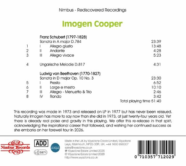 CD-Rückseite mit Imogen Cooper, Musikstücken und Begleittext.