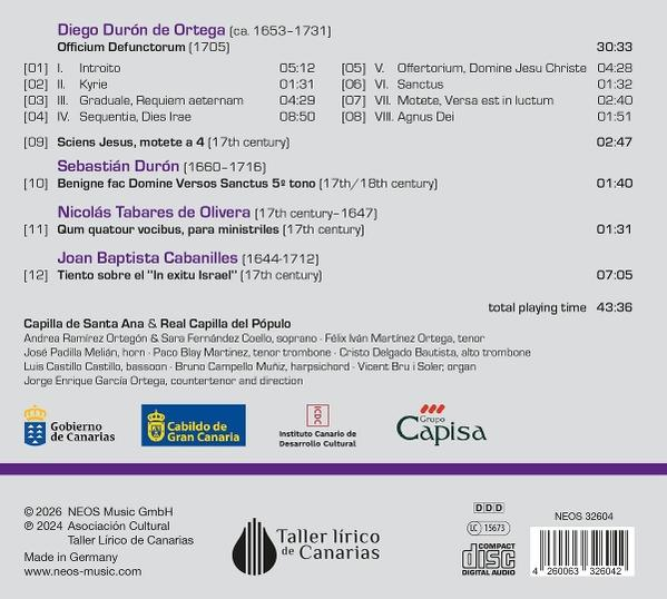 CD-Cover mit Werkliste und Interpreten von Diego Durón de Ortega, Sebastián Durón, Nicolás Tabares de Olivera, Joan Baptista Cabanilles.