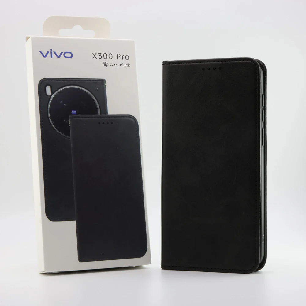 Schwarze Handyhülle mit Verpackung, die ein Vivo X300 Pro zeigt.