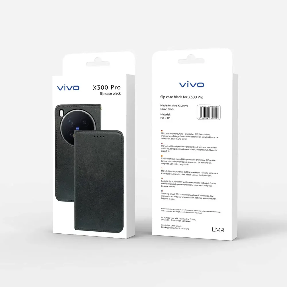 Verpackung für Vivo X300 Pro Flip Case in Schwarz, aus PU und TPU.