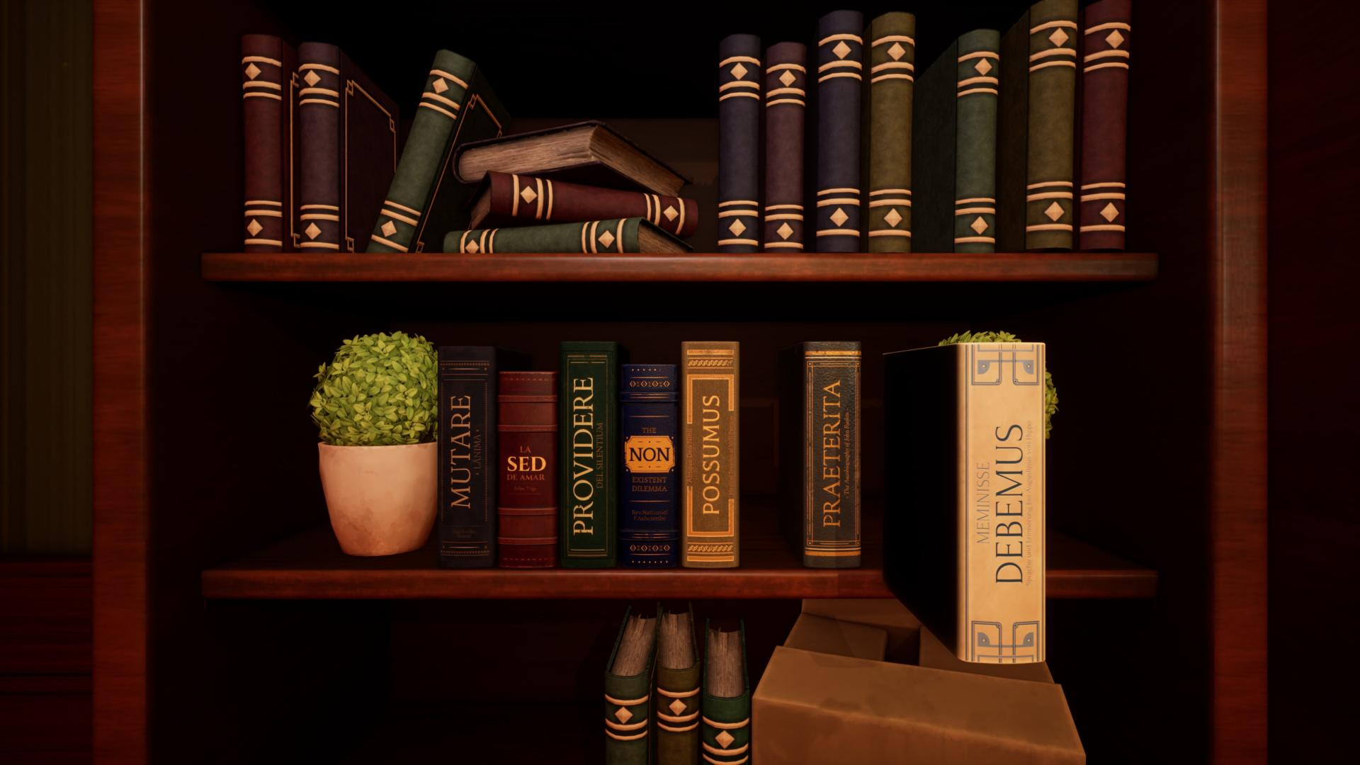 Ein Bücherregal mit Büchern und einer Topfpflanze.