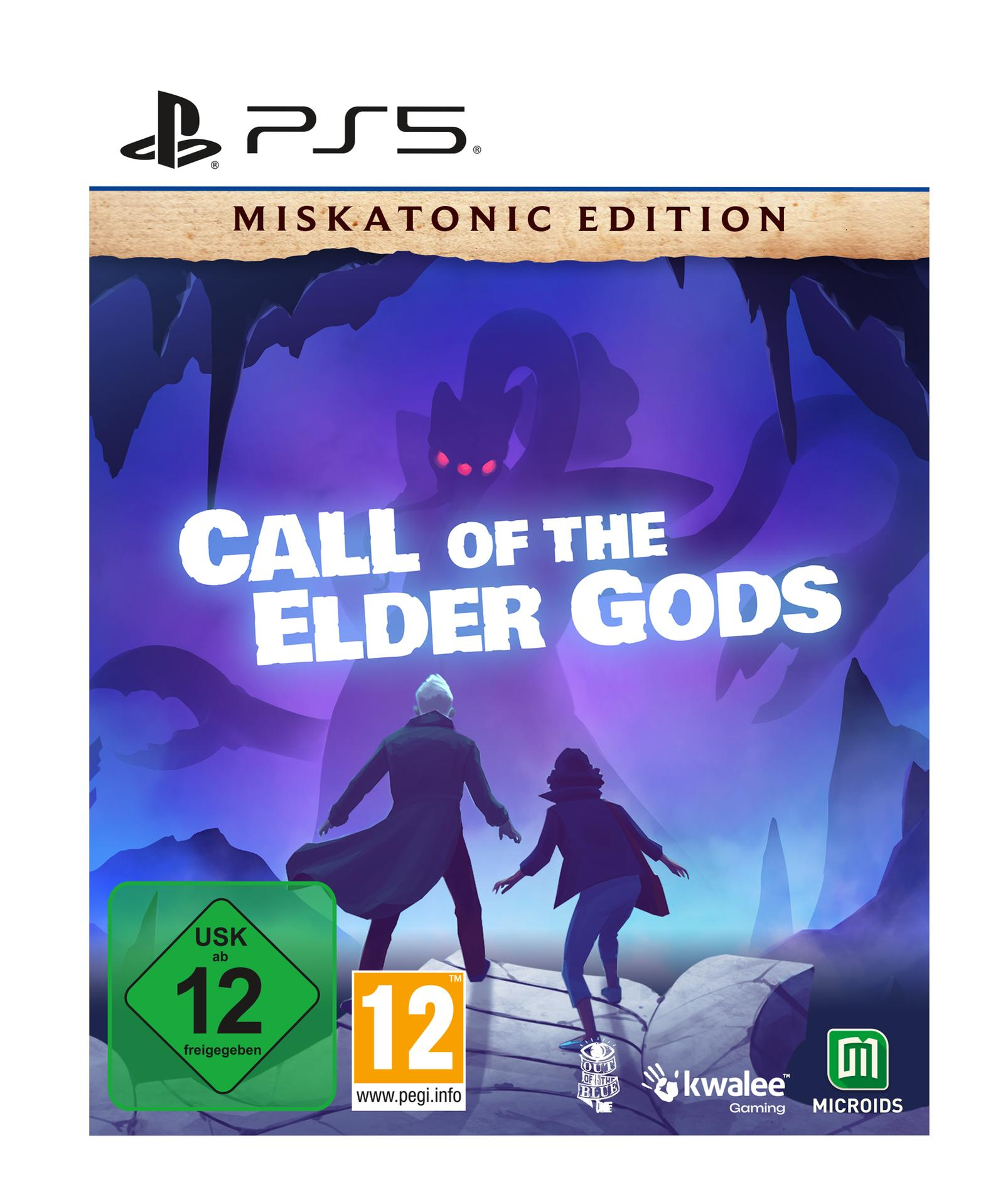 PS5 Spielcover mit zwei Figuren vor einem Monster und dem Titel 'Call of the Elder Gods'.