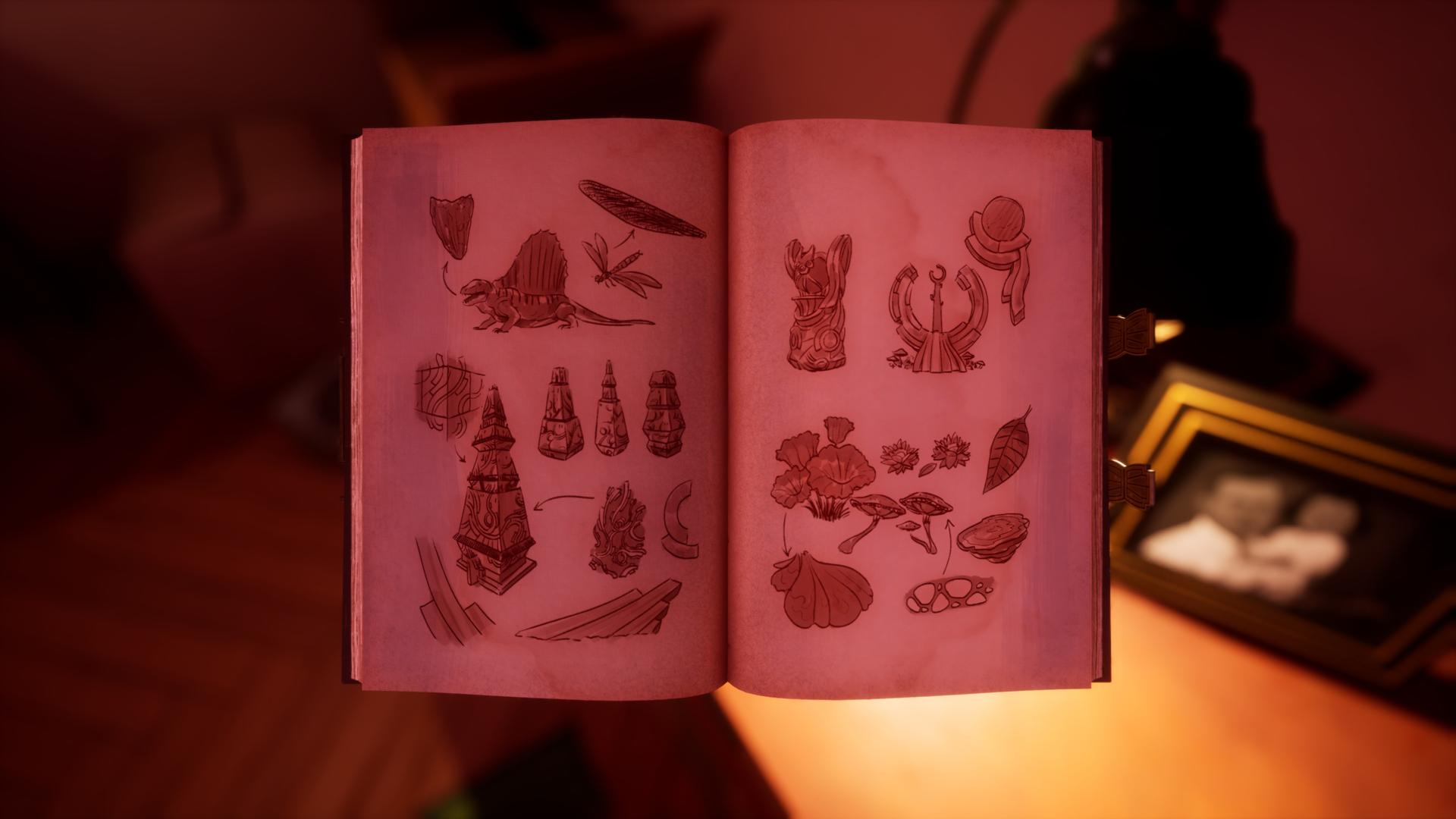 Ein offenes Buch mit Skizzen von Dinosauriern, Insekten, Pflanzen und Artefakten.