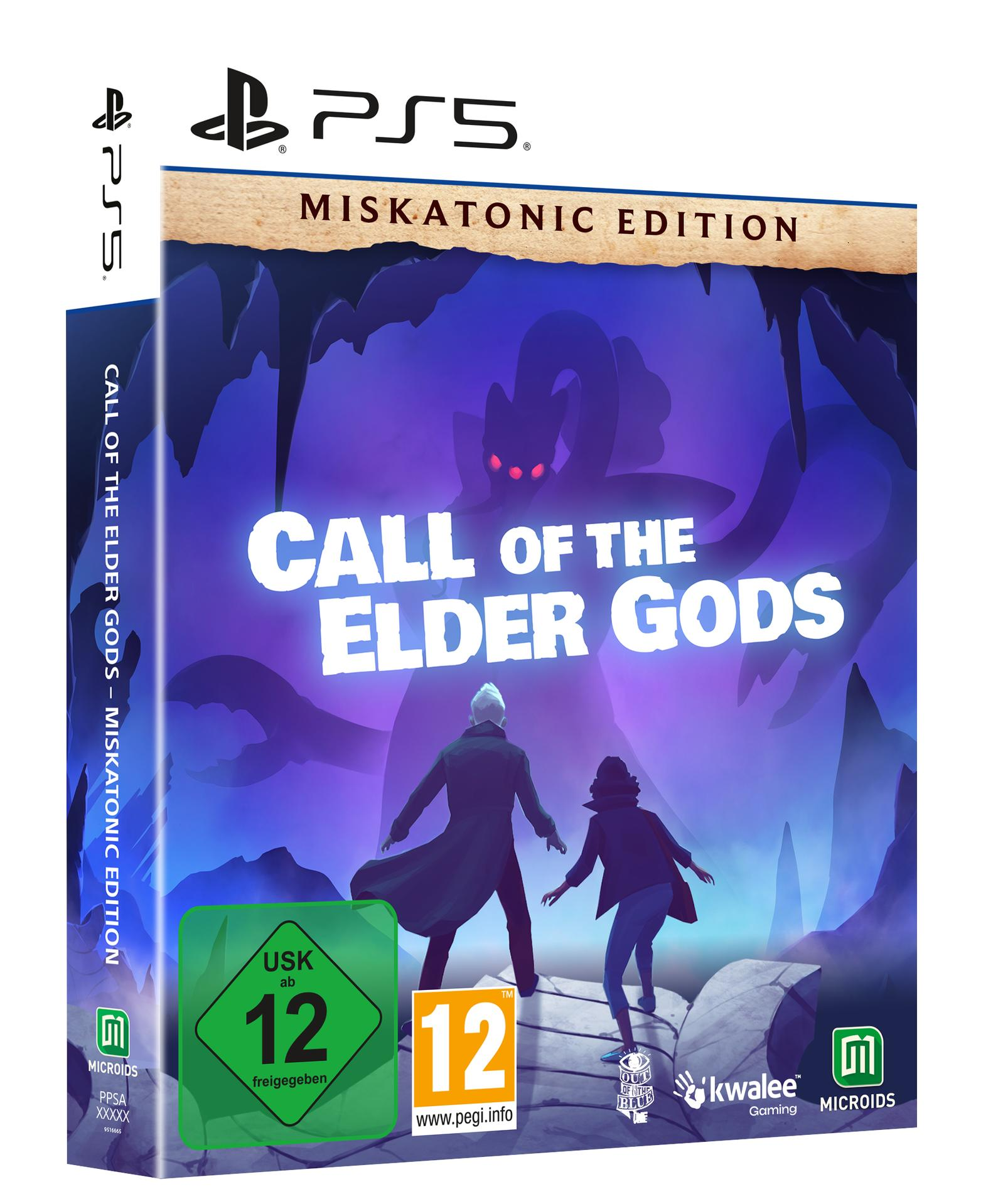 PS5 Spielcover: Zwei Figuren stehen vor einem riesigen Dämon. Titel: Call of the Elder Gods.