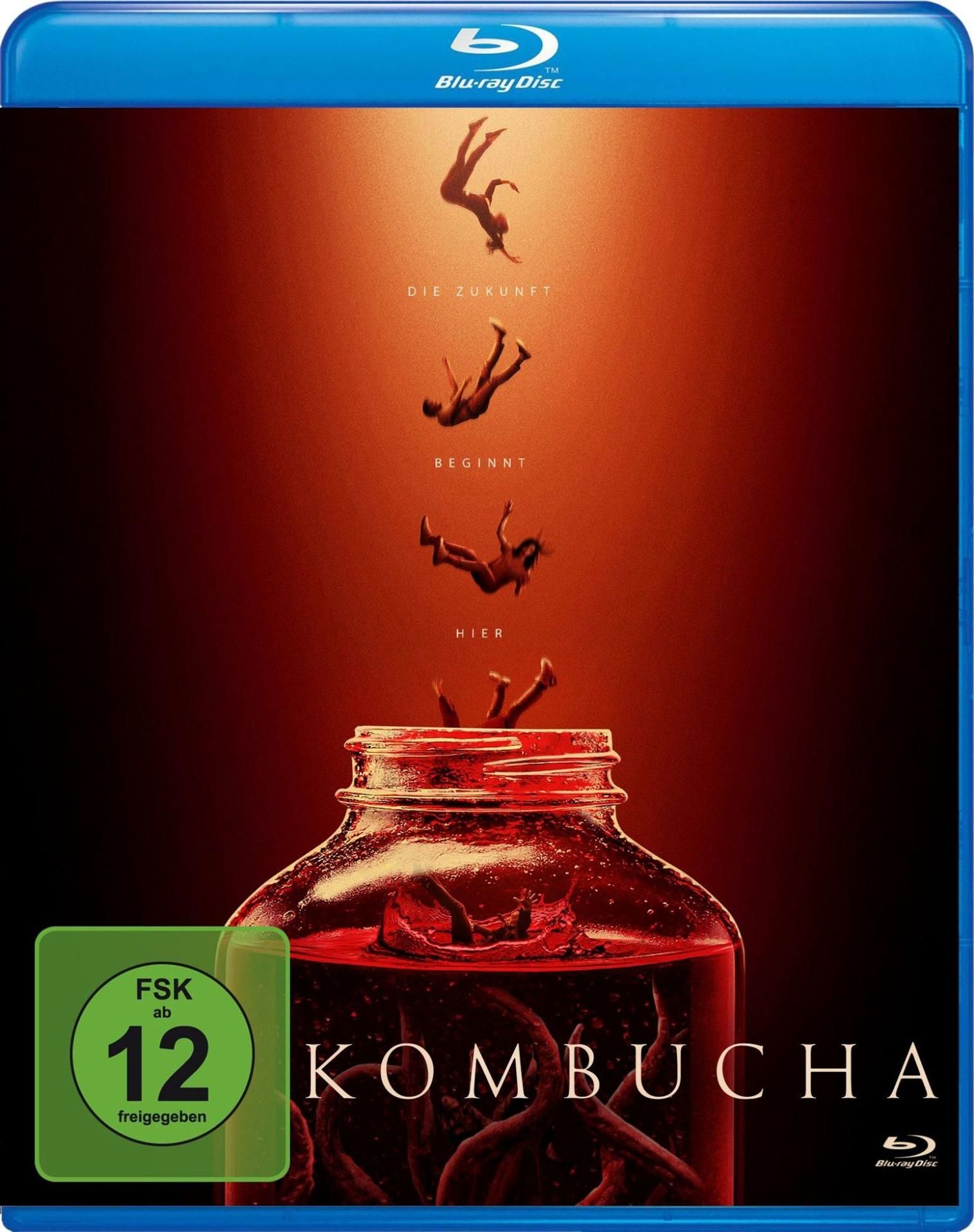 Eine Person fällt in ein Glas mit roter Flüssigkeit. Kombucha-Filmcover.