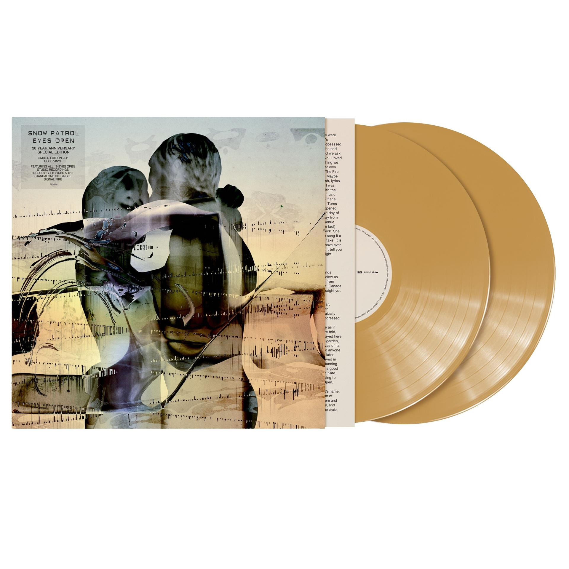 Albumcover von Snow Patrols "Eyes Open" 20th Anniversary Edition mit goldfarbenen Vinyls.