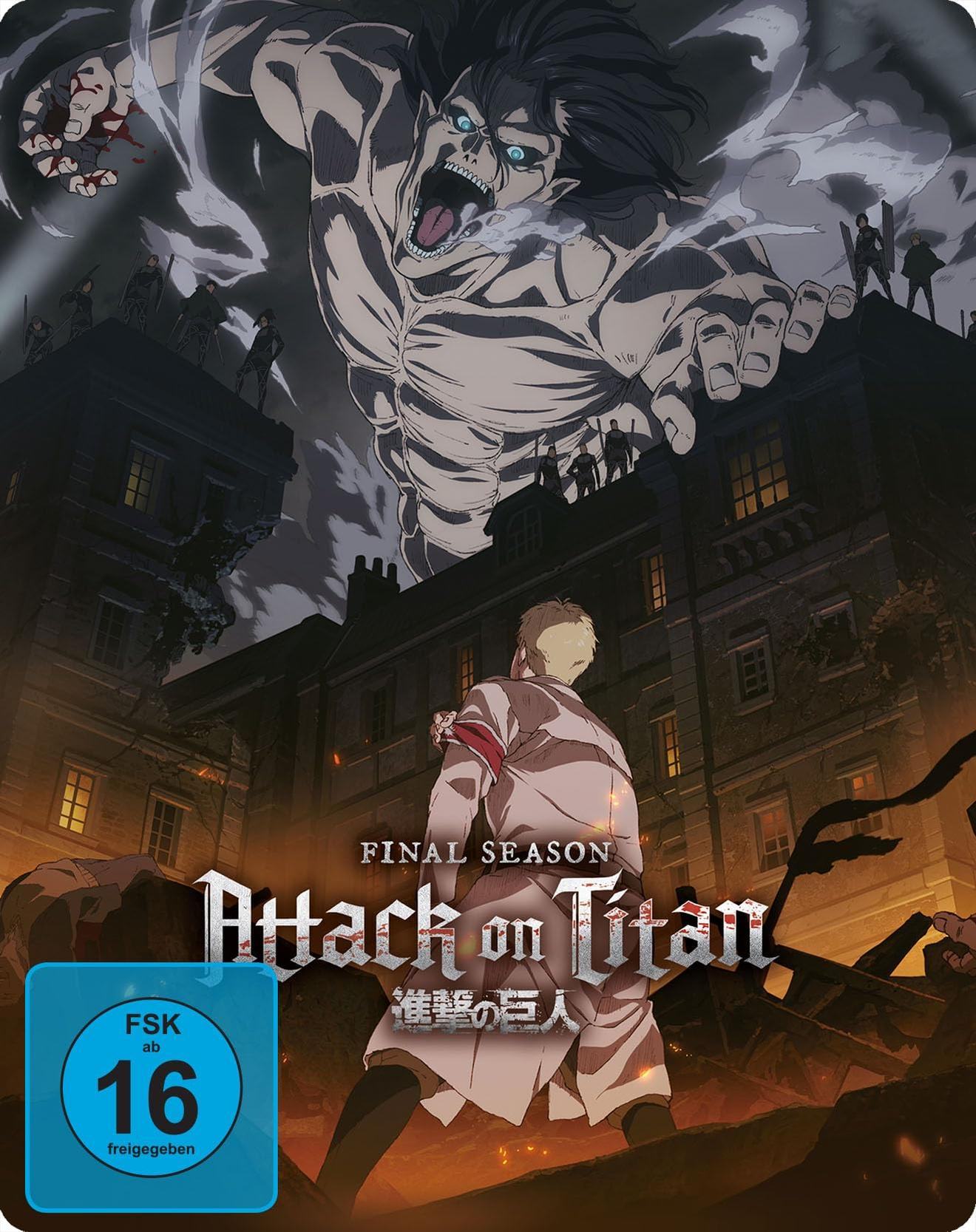 Ein riesiger Titan brüllt, während Soldaten auf Dächern stehen. "Attack on Titan"-Logo.