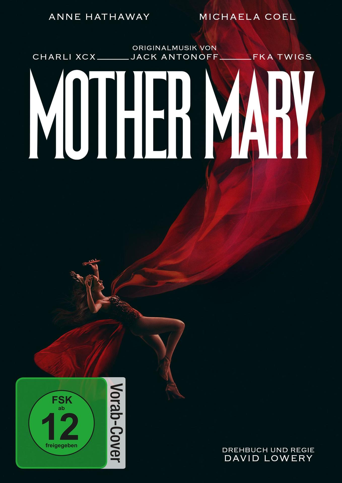 Filmplakat für Mother Mary mit einer Frau in rotem Stoff und der Altersfreigabe FSK 12.