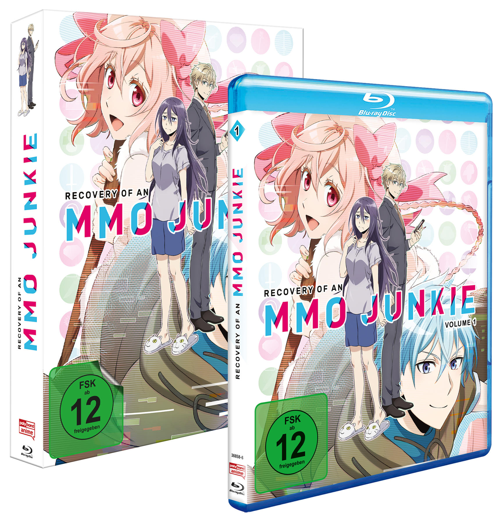 Cover von "Recovery of an MMO Junkie" Vol 1 Blu-ray mit Anime-Charakteren.