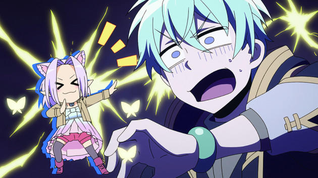 Ein animeartiger Junge mit hellblauen Haaren und ein Katzenmädchen mit lila Haaren.