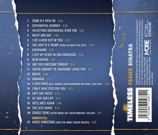 Trackliste des Albums Timeless von Frank Sinatra auf blauem Hintergrund mit Sternen.