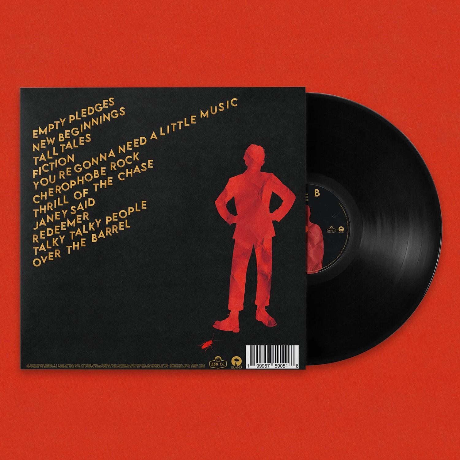 Schwarze Schallplatte mit Titelliste und roter Silhouette einer Person.
