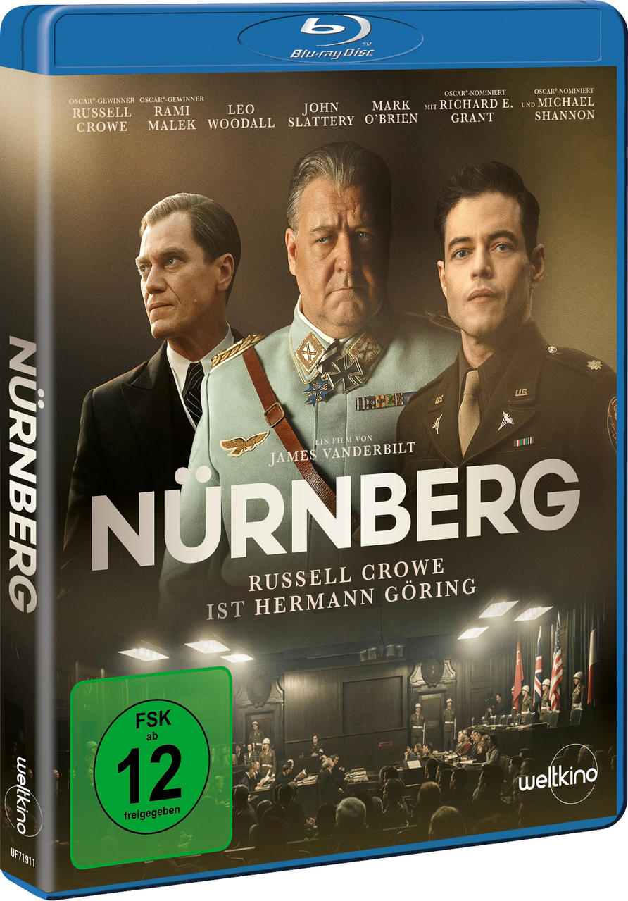 Filmcover von "Nürnberg" mit Russell Crowe, Rami Malek und Leo Woodall. FSK 12 Siegel.