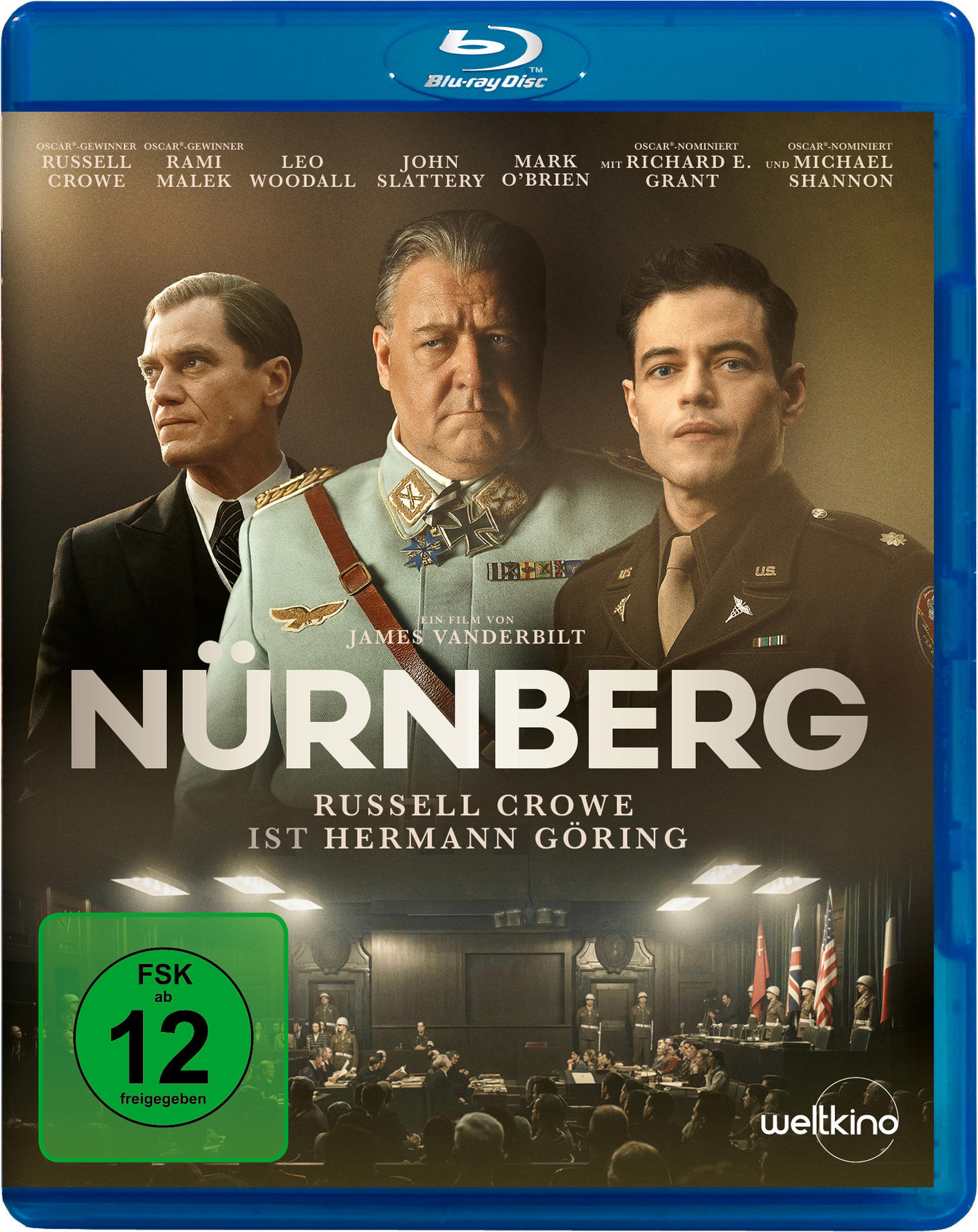 Drei Männer in Uniformen und Anzügen vor dem Filmtitel NÜRNBERG.