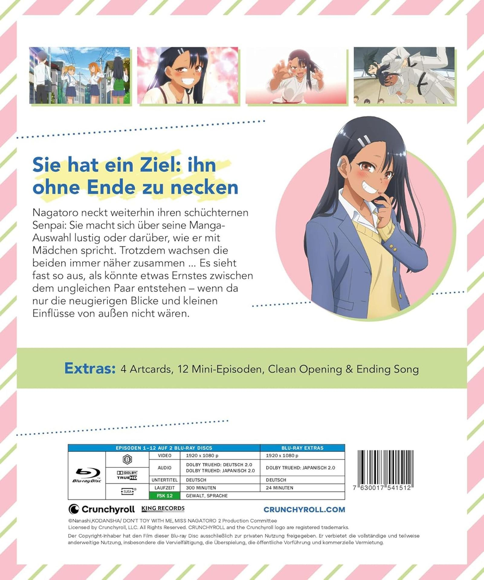 Anime-Cover mit Nagatoro und Szenen aus der Serie. Enthält Extras und technische Details.