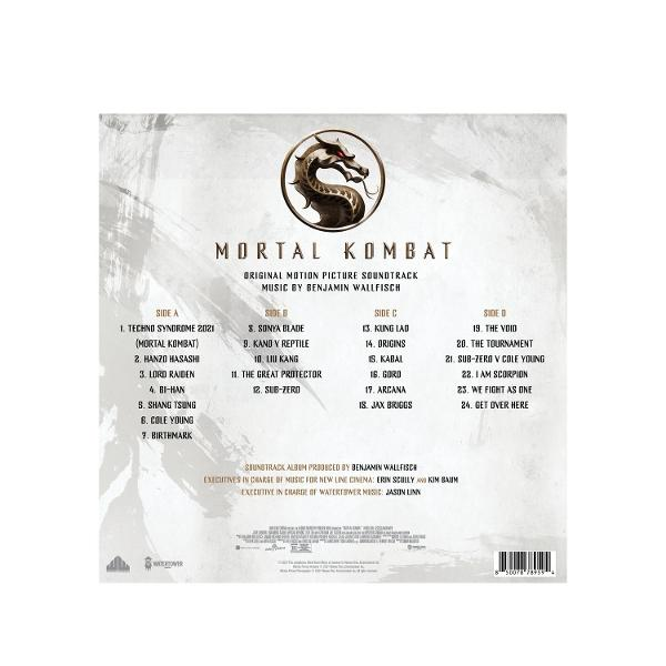 Das Cover des Mortal Kombat Soundtracks mit Drachenlogo und Titelliste.