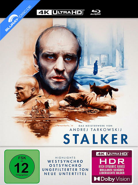 Cover des Films Stalker auf 4K UHD Blu-ray, mit Porträt eines Mannes, Figuren und Hund im Schnee.