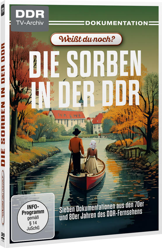Ein Paar rudert in einem Boot auf einem Fluss vor einer Stadt mit Herbstbäumen.