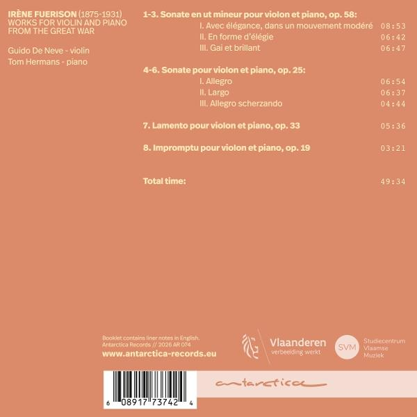 CD-Cover mit Werkliste von Irène Fuenison: Violinsonaten und Impromptus.