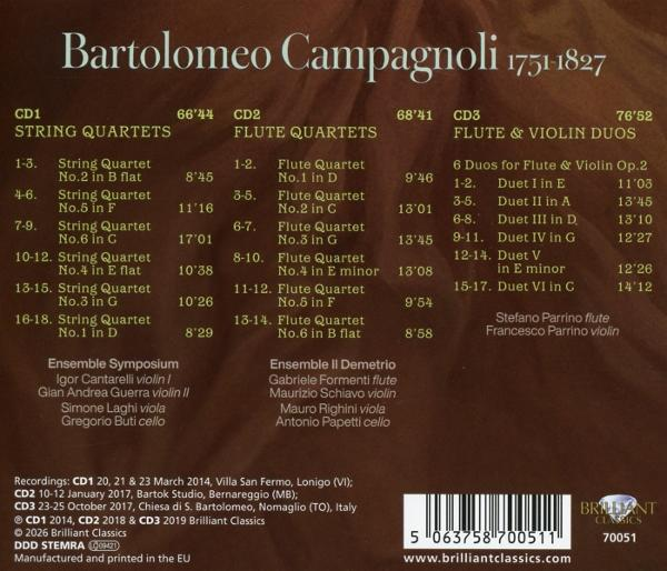 Rückseite der "Bartolomeo Campagnoli 1751-1827" CD-Box mit Werkverzeichnis.