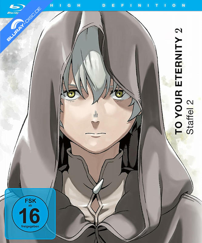 Anime-Figur mit Kapuze und hellem Haar, FSK 16 Siegel.
