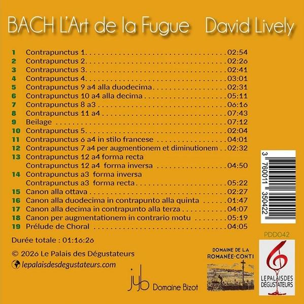 Album mit Titelliste: Bachs "L'Art de la Fugue", David Lively. Gesamtdauer 01:16:26.