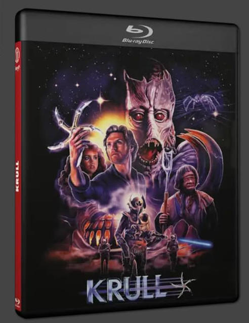 Krull Blu-ray Cover: Eine Collage von Charakteren, darunter ein bedrohliches Alien-Gesicht und Helden.