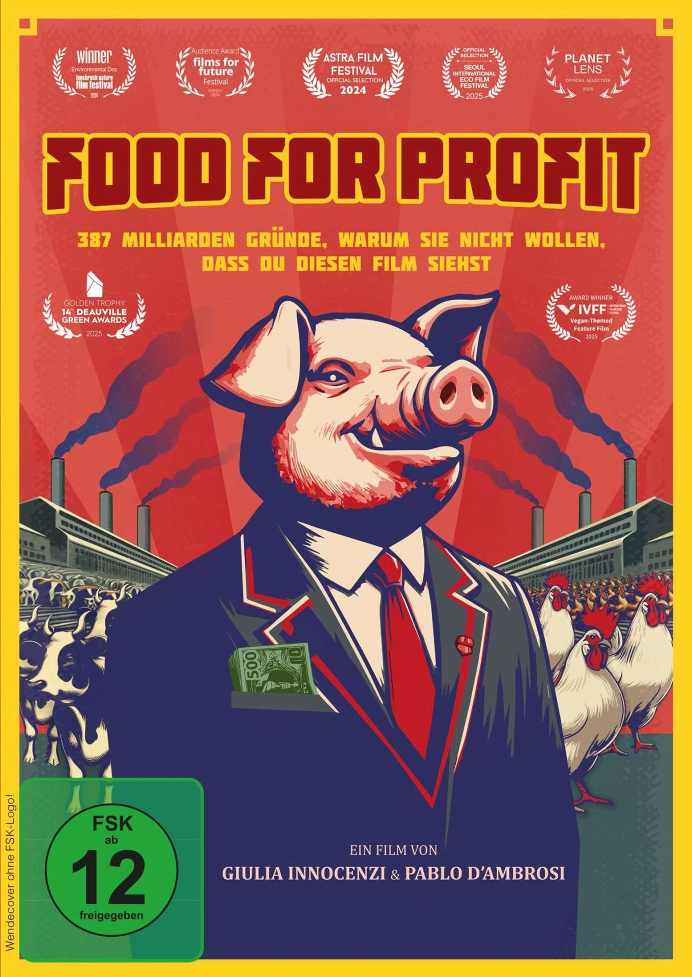 Filmplakat mit einem Schwein im Anzug, das Geld hält. Links Kühe, rechts Hühner.