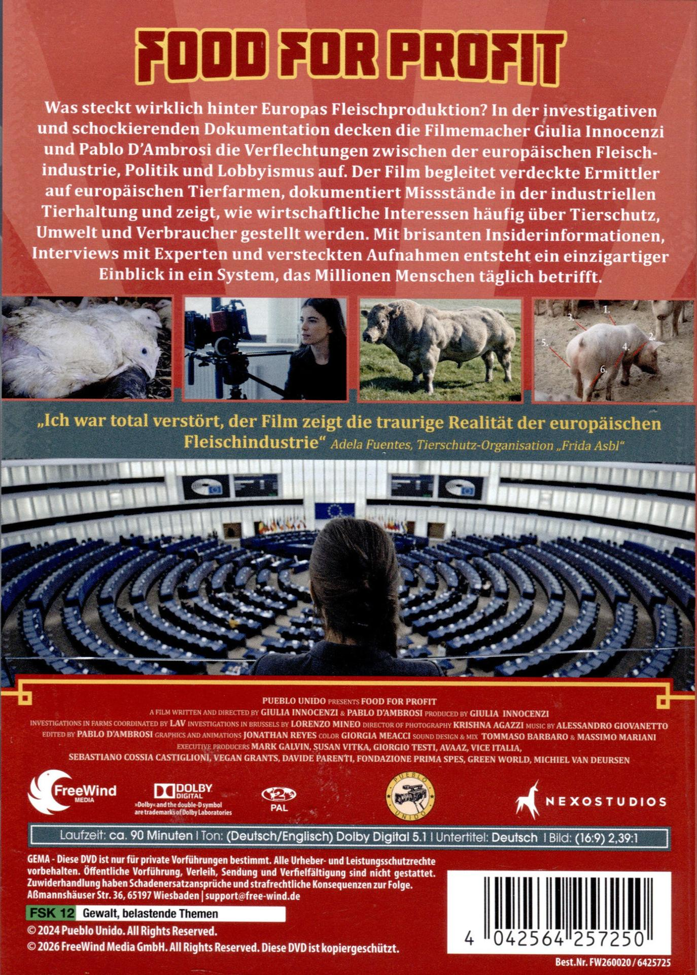 DVD Cover mit Titel "Food For Profit", Text und Bildern von Tieren und Parlament.