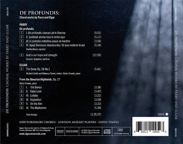 CD-Rückseite: Auflistung von Choralwerken von Parry und Elgar mit Titeln, Laufzeiten und Mitwirkenden.