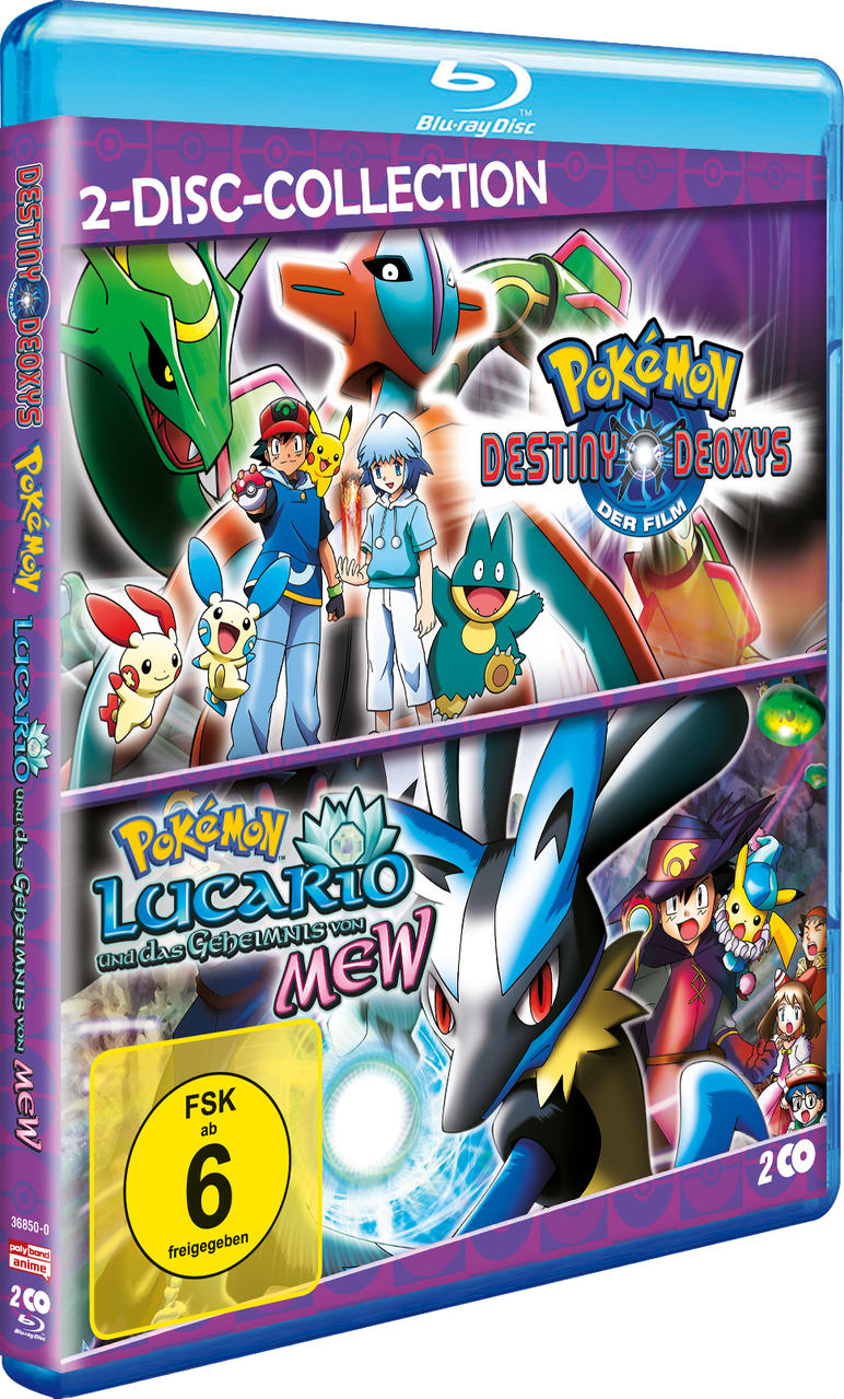 Blu-ray Cover mit Pokémon Charakteren und Titeln wie 'Destiny Deoxys' und 'Lucario'.