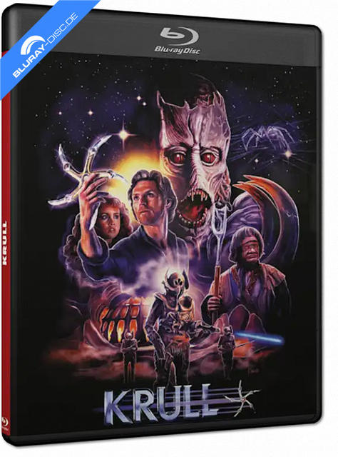 Sci-Fi-Filmcover mit Figuren, einem Monster und Raumschiffteilen im Weltraum.