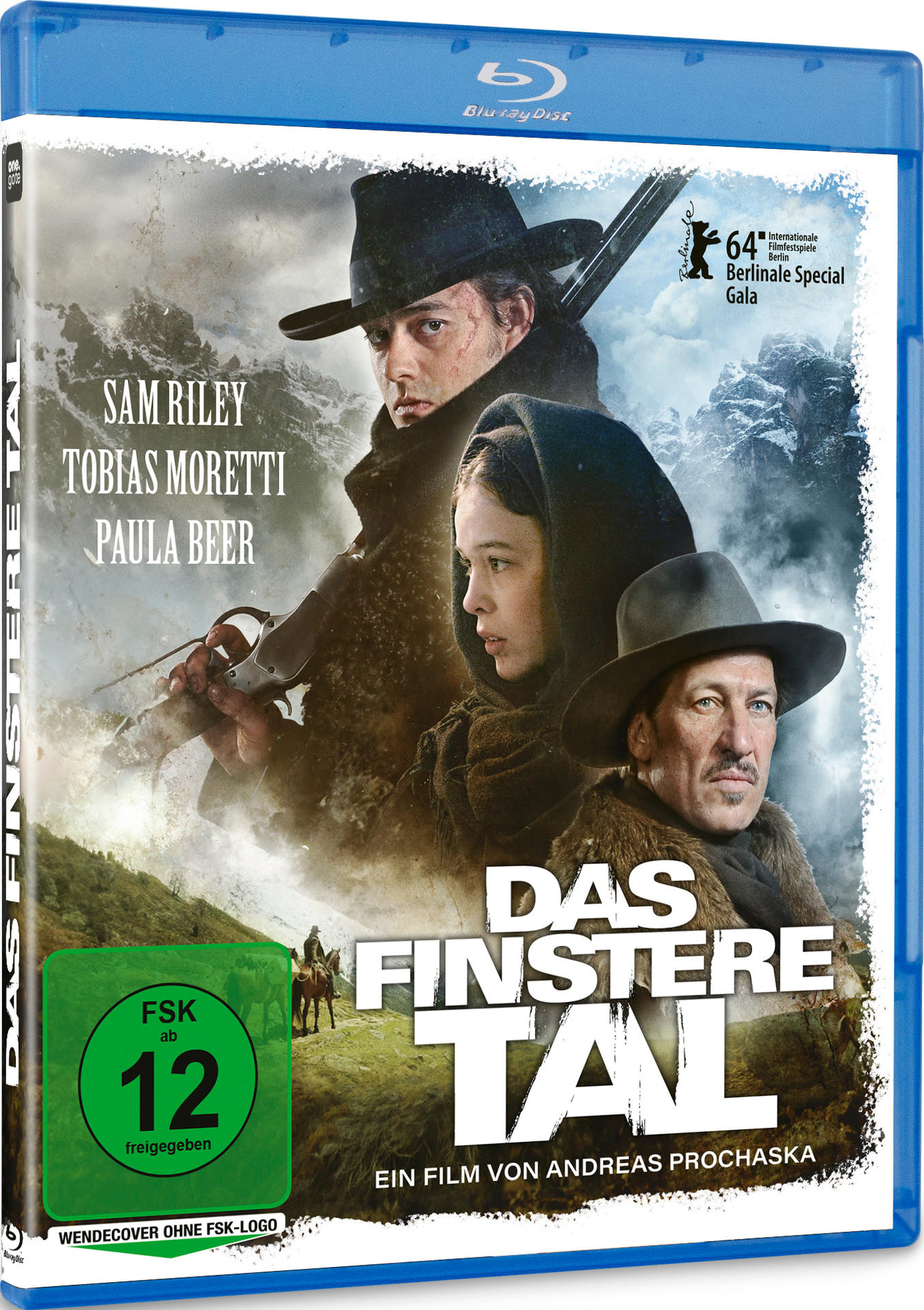 Filmplakat für "Das Finstere Tal" mit drei Personen und Bergen im Hintergrund.