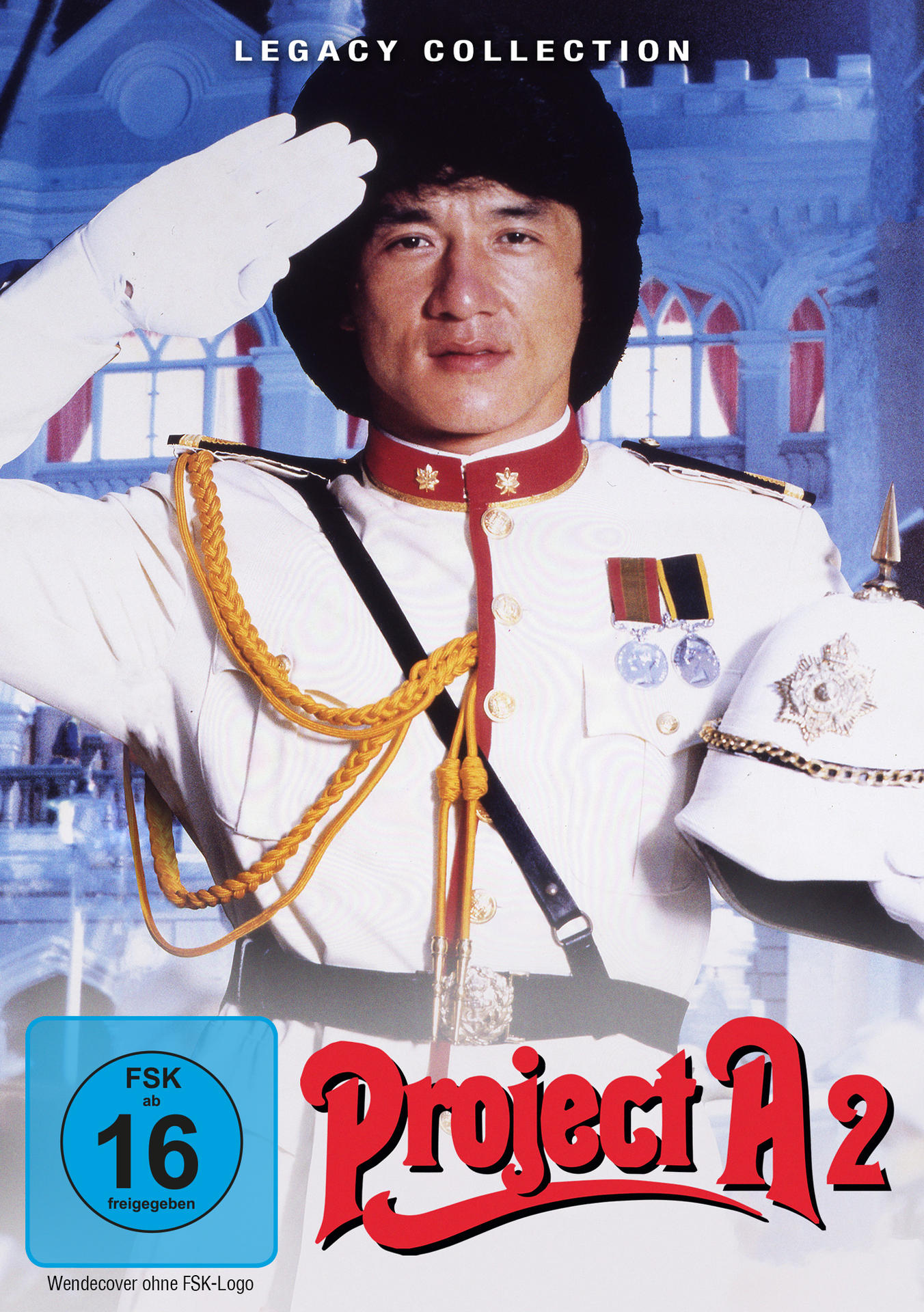 Jackie Chan in Uniform salutiert vor einer Burg. "Project A2" Logo.