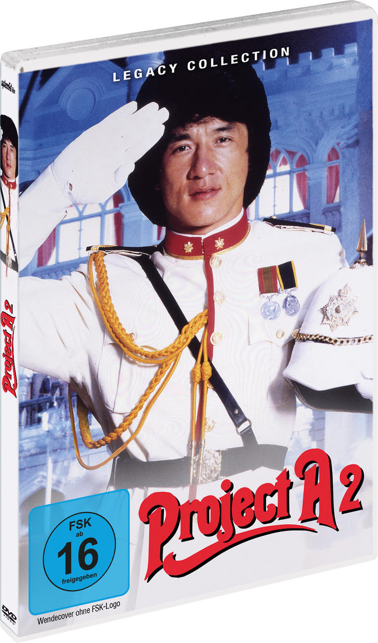 Jackie Chan in Uniform grüßt, auf DVD-Hülle für Project A2