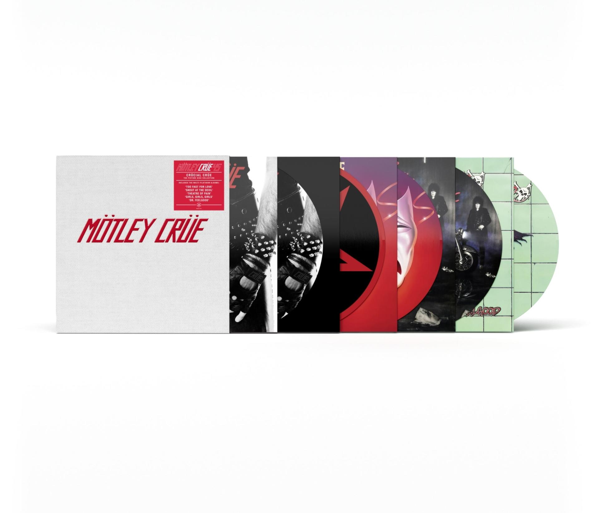 Motley Crue Box-Set mit 5 Schallplatten: Ein weißes Buch und vier farbige Platten.