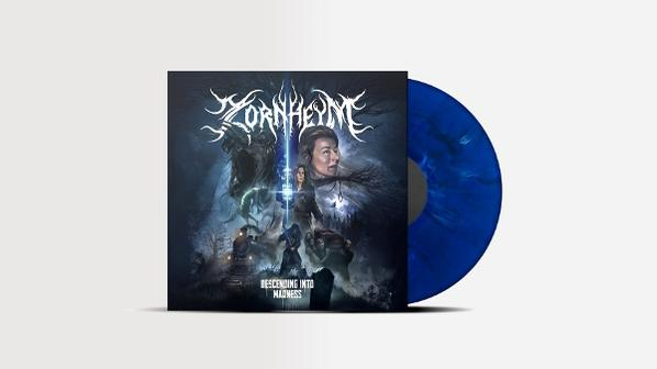 Schallplatten-Cover mit blauer Vinyl-Schallplatte. Dunkles Fantasy-Thema.