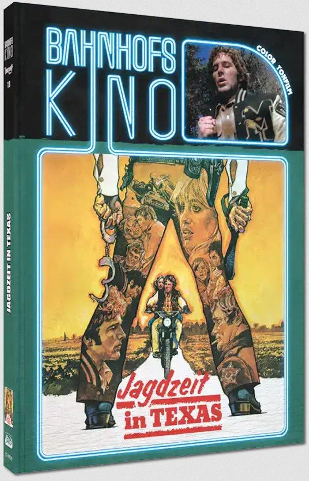 Filmplakat mit Collage von Gesichtern und Motorradfahrer. Neon-Schriftzug.